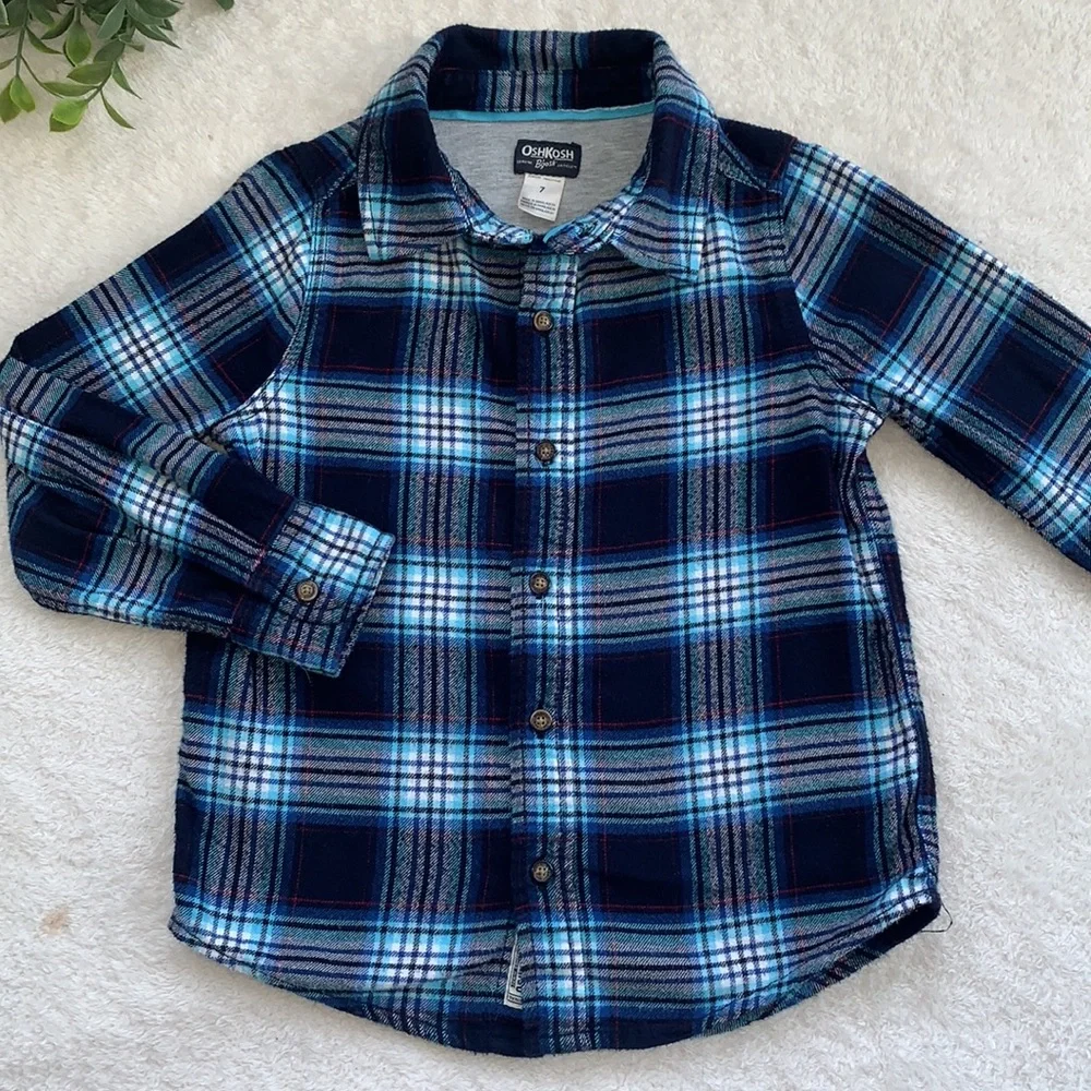 OshKosh Blue Button Down Shirt Classic Plaid 7 EUC
